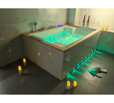 VASCA IDROMASSAGGIO SPA LED CON CASCATA INTAGLIATA DOPPIA+O3-180X120 -41 GETTI-DOPPIA POMPA - PC FULL TOUCH - RISCALDATORE - CON VETRO - LED CROMOTERAPIA CON CASCATA - LED SUL PANNELLO - BLUETOOTH - TOP LEGNO