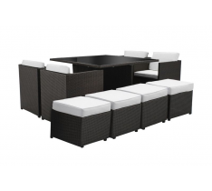 TAVOLO PRANZO CUBO SEDIE RATTAN NERO POLTRONE POUF CONTENITORE KING 125X125 - 6 POSTI + 4 POSTI