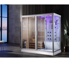 CABINA IDROMASSAGGIO SAUNA FINLANDESE COMBINATO KING - 4 PERSONE - LUX BAGNO TURCO 220X120 OZONO STUFA A PIETRA - ECO-TECH - VETRO DI SEPARAZIONE - DOPPIO PERCORSO - LEGNO CANADESE - SOFFIONE LED LUX - PC FULL TOUCH TERMICO CON BLUETOOTH