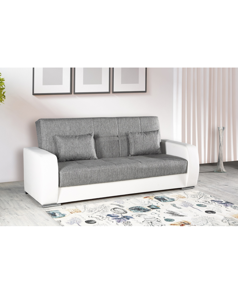 Divano Letto 3 Posti Luis In Ecopelle E Tessuto | Bianco E Grigio | Contenitore Incorporato | 220x84x91 Cm - Foto 10