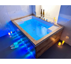 VASCA IDROMASSAGGIO LEGNO MASSELLO SPA LED CON CASCATA INTAGLIATA DOPPIA+O3-180X120 -41 GETTI-DOPPIA POMPA - PC FULL TOUCH - RISCALDATORE - CON VETRO - LED CROMOTERAPIA CON CASCATA - LED SUL PANNELLO - BLUETOOTH - TOP DESIGN